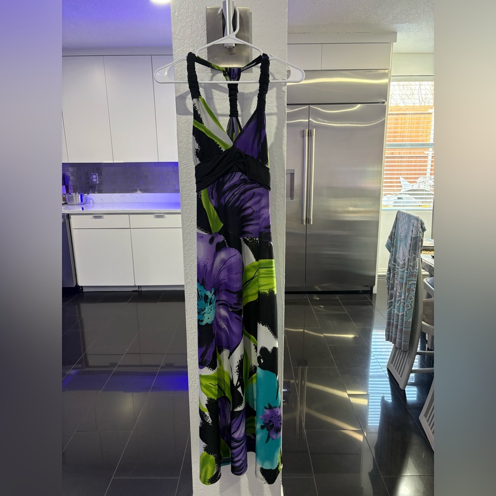 Chesley Purple, Green & Black Floral Halter Dress